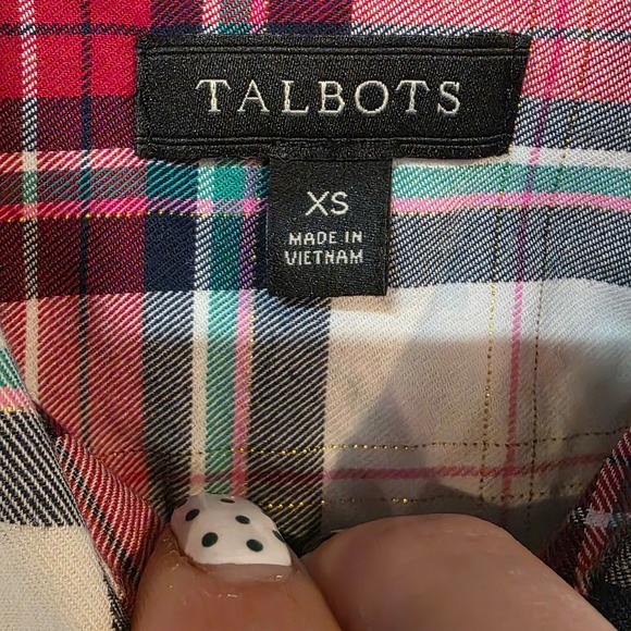 Talbots Women XS Plaid Button Up Shirt Long Sleeve Red Green Cream Gold Holiday - Picture 8 of 9